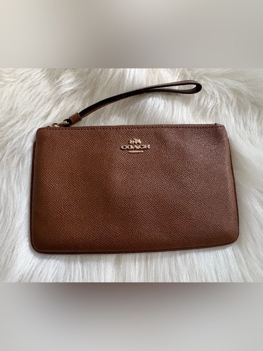 Coach Brown Textured Leather Wristlet with Gold Logo